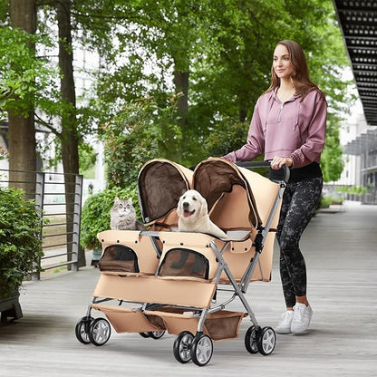 Double Pet Stroller, Foldable Stroller for 2 Dogs & Cats, Two-Seater Carrier Twin Dog Walk Jogger Travel Pet Carriage Cart with Storage, Beige