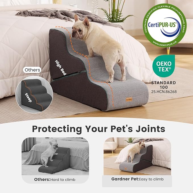 Gardner Pet Dog Stairs for Small Dogs 22.4" H, Large 2 in 1 Transformable 3-Step Pet Stairs and ramp, Dog Steps for High Bed (22-27") with Non-Slip Waterproof Cover CertiPUR-US Certified Foam, Grey