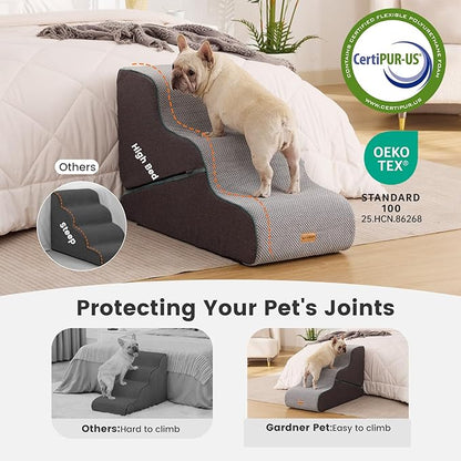 Gardner Pet Dog Stairs for Small Dogs 22.4" H, Large 2 in 1 Transformable 3-Step Pet Stairs and ramp, Dog Steps for High Bed (22-27") with Non-Slip Waterproof Cover CertiPUR-US Certified Foam, Grey