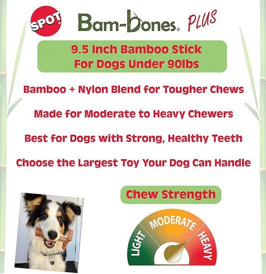 SPOT Bam-Bones Plus Bamboo Stick - Bamboo Fiber & Nylon, Durable Long Lasting Dog Chew for Aggressive Chewers – Great Toy for Adult Dogs & Puppies Under 90lbs, Non-Splintering, 9.5in, Chicken Flavor