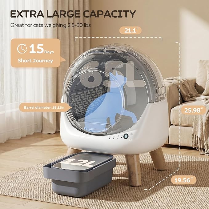 Self-Cleaning Litter Box for Multiple Cats, Smart APP Control with Safety Sensors, 15-Day Odor Control, Extra Large Waste Bin, Ultra Quiet Automatic Cat Litter Box, White