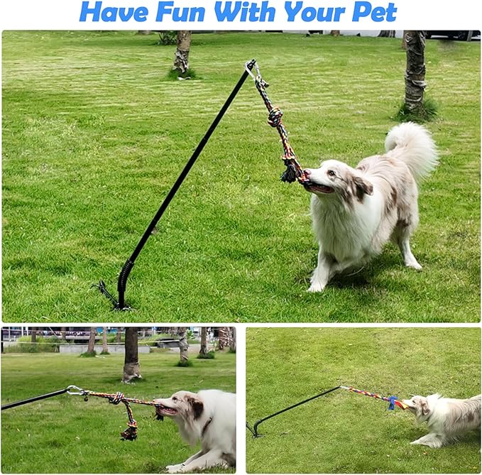 Tether Outdoor Dog Toy,Interactive Exercise Game in Yard Park Tug of War for Large Medium Small Dog Puppy with 2 Rope Toy and Bell Pull Chase and Solo Play