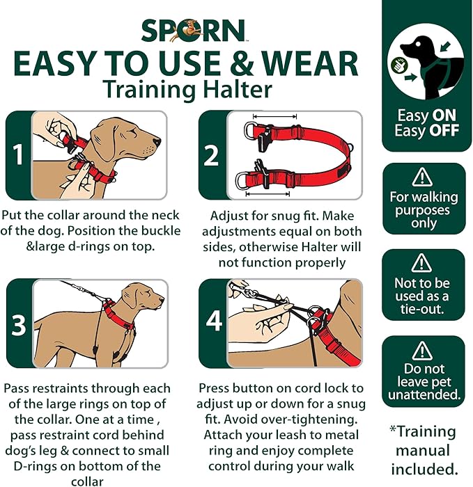 Sporn Original Dog Halter, No Pull Dog Harness, Durable Nylon Collar with Padded Restraint Sleeves for Medium Breeds, No Choke Design, Adjustable Fit, Easy On/Off, Red, Medium