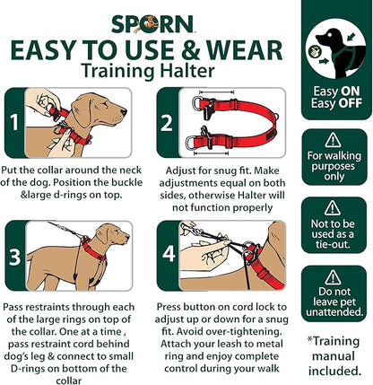 Sporn Original Dog Halter, No Pull Dog Harness, Durable Nylon Collar with Padded Restraint Sleeves for Medium Breeds, No Choke Design, Adjustable Fit, Easy On/Off, Red, Medium