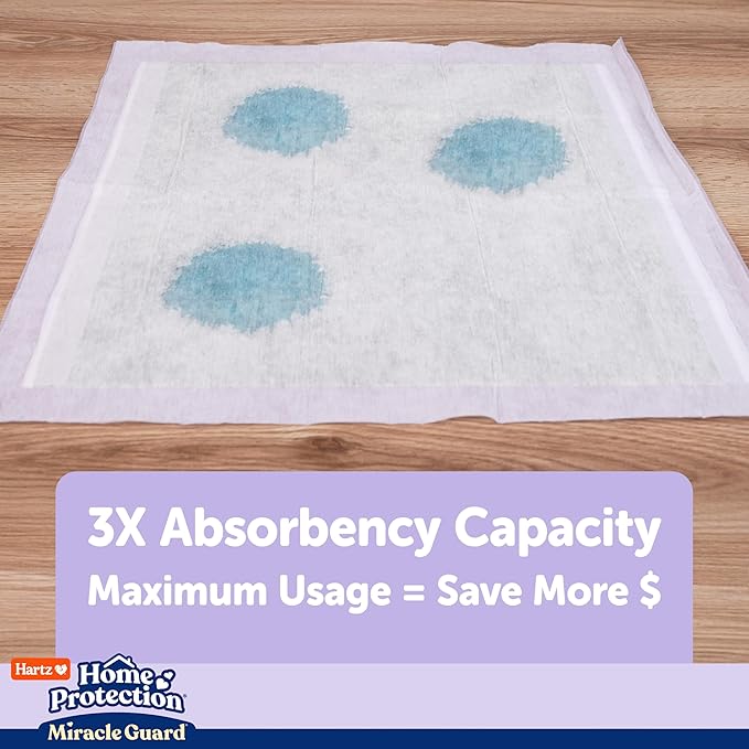 Hartz Miracle Guard Dog and Puppy Dog Pads Max Absorbency 24 Hour Use Odor Eliminating Lavender Scented No Leaks, Regular Size 50 Count