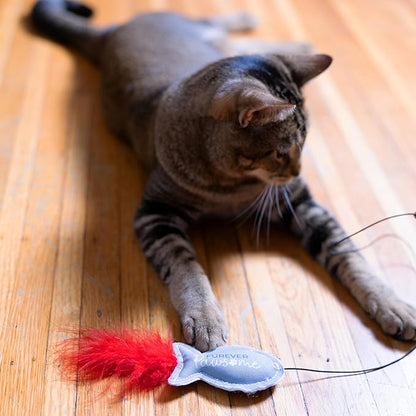 Pavilion - Furever Pawsome - Canvas Fish Stretchy String Feather Wand Teaser Interactive Indoor Chase Exercise Handle Play Stick Kitty Kitten Feline Cat Toy