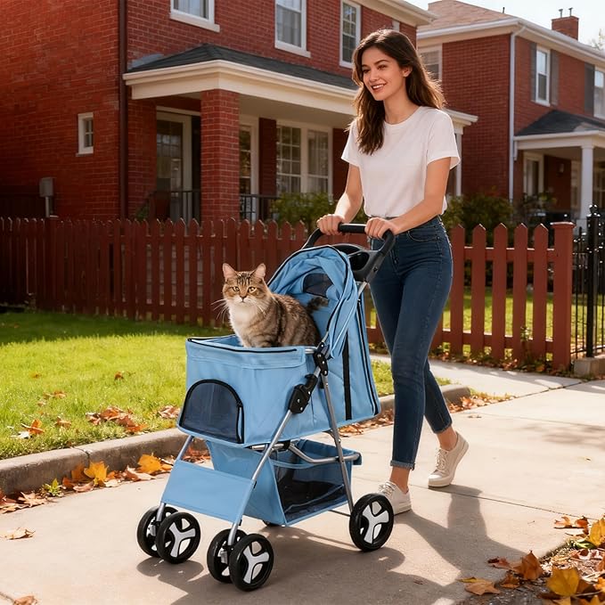 ZENY Foldable Pet Stroller, Cat/Dog Stroller with 4 Wheel, Pet Travel Carrier Strolling Cart with Storage Basket, Cup Holder (Blue)