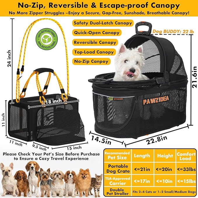 PAWZIDEA Double Pet Stroller with 2 Detachable Carrier, Lightweight Portable Travel Crate & Car Seat Combo & TSA-Approved Expandable Carrier, Foldable Jogger Stroller for 2–4 Cats or Small/Medium Dogs