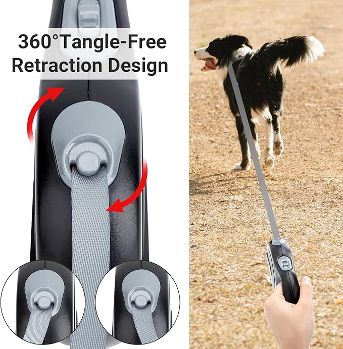 Segarty Retractable Dog Leash, 16ft Heavy Duty Walking Dog Leash for Medium Small Dogs up to 44lb, Anti-Slip Handle 360°Tangle-Free Nylon Tape, One-Handed One Button Lock and Release (Gray)