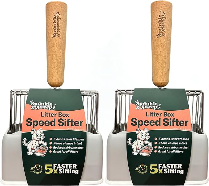 Sprinkle & Sweep: Litter Box Speed Shifter - 2 Pack - Metal Scoop, Comfortable Wood Grip, Washable Stand, Efficient Cleaning, Cat & Pet Maintenance