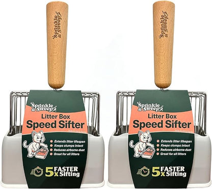 Sprinkle & Sweep: Litter Box Speed Shifter - 2 Pack - Metal Scoop, Comfortable Wood Grip, Washable Stand, Efficient Cleaning, Cat & Pet Maintenance