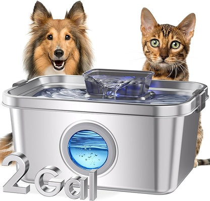 Dog Water Fountain, 2 Gallon 304 Stainless Steel Large Pet Water Fountain for Dogs & Cats, Ultra Quiet Indoor Pet Fountain, Safety Lock, 3 Replacement Filters Included, Smart Pump Protection