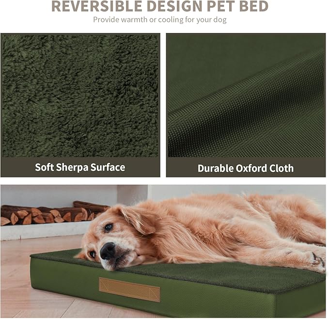 Flat Extra Large Dog Bed, Jumbo Waterproof Dog Bed for Large Dogs, Orthopedic Egg Crate Foam Pet Mat with Removable Washable Cover, Olive Green
