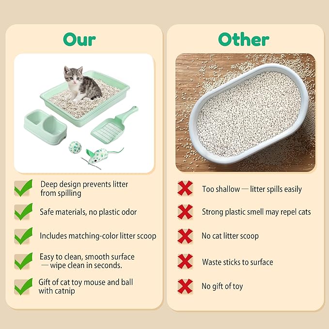 PAWISE Cat Litter Box Set, Small Kitten Starter Kit, Includes Litter Box, Litter Scoop, Double Dish Feeding Bowl, Cat Mouse Toy, Kitty Ball Toy, Green