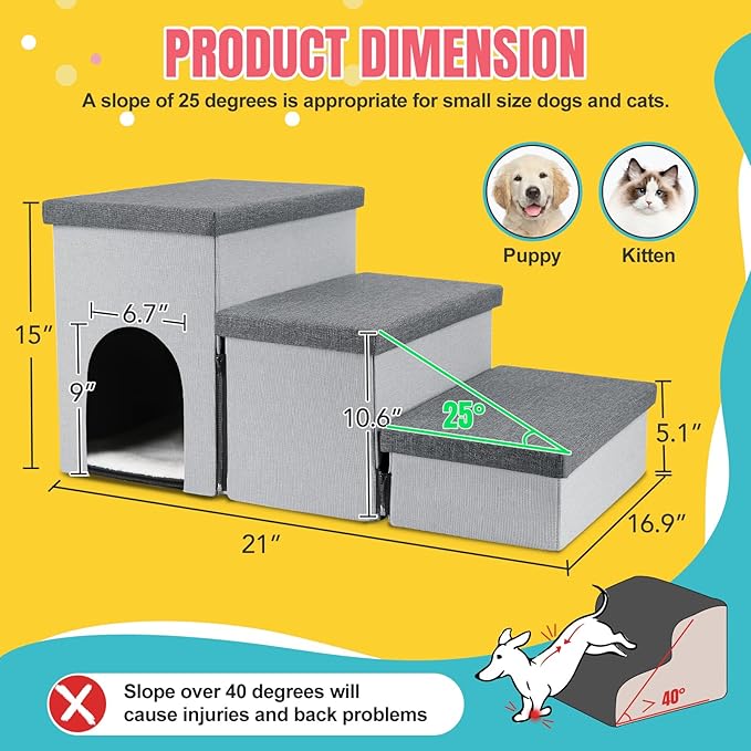 Dog Stairs for High Beds, Folding Pet Steps for Small Dogs and Cats with Storage and Condo, Non-Slip Dog Steps for Couch and Bed up to 22 inches(3 Steps, Grey-Dark Grey)