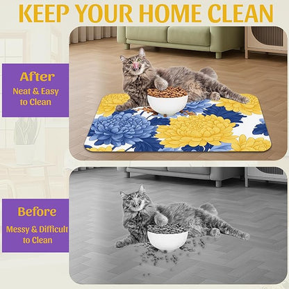 Blue Yellow Flowers Pet Feeding Mat, Quick Dry Absorbent Water Bowl Mat for Dogs and Cats, Anti-Slip Bottom, Indoor Use – 12x20 Inch