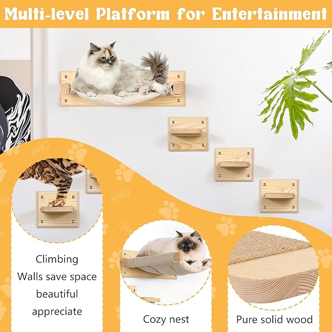 Wall-Mounted Cat Furniture with Double Hammock & Sisal Steps – Vertical Multi-Level Activity Center for Cats – Cozy Indoor Climbing Shelf, Perch, Playground & Scratching Steps
