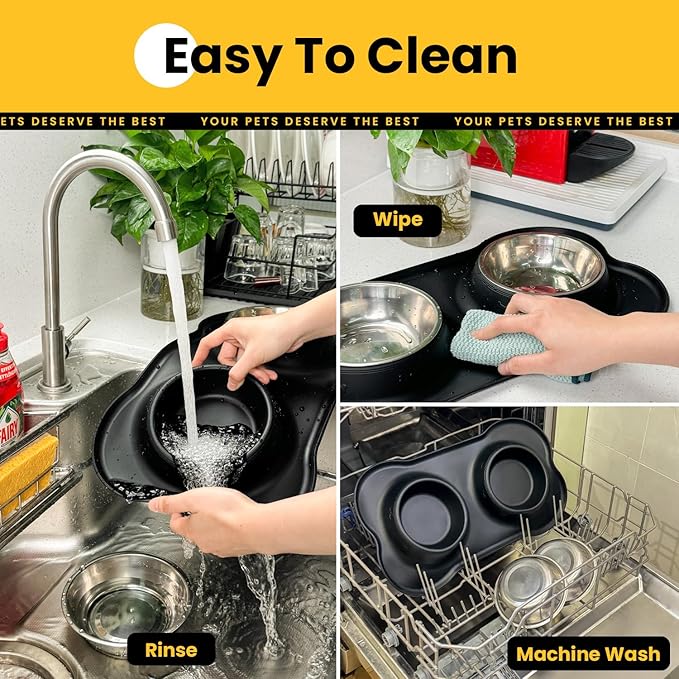 Stainless Steel Dog Bowls with Non-Slip Silicone Mat, Spill Proof Food & Water Bowls Set, Easy Clean Puppy Food Dish, Dishwasher Safe, Suitable for Dogs Cats Pet Under 20lbs, Small, Black