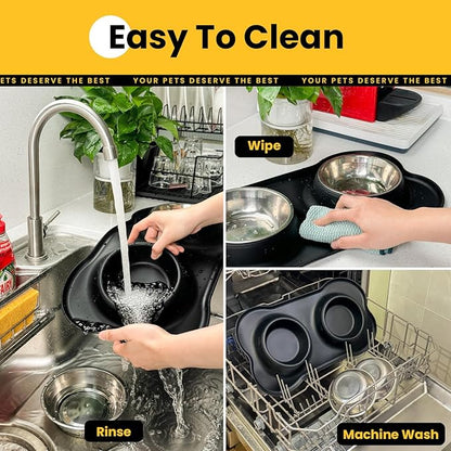 Stainless Steel Dog Bowls with Non-Slip Silicone Mat, Spill Proof Food & Water Bowls Set, Easy Clean Puppy Food Dish, Dishwasher Safe, Suitable for Dogs Cats Pet Under 20lbs, Small, Black