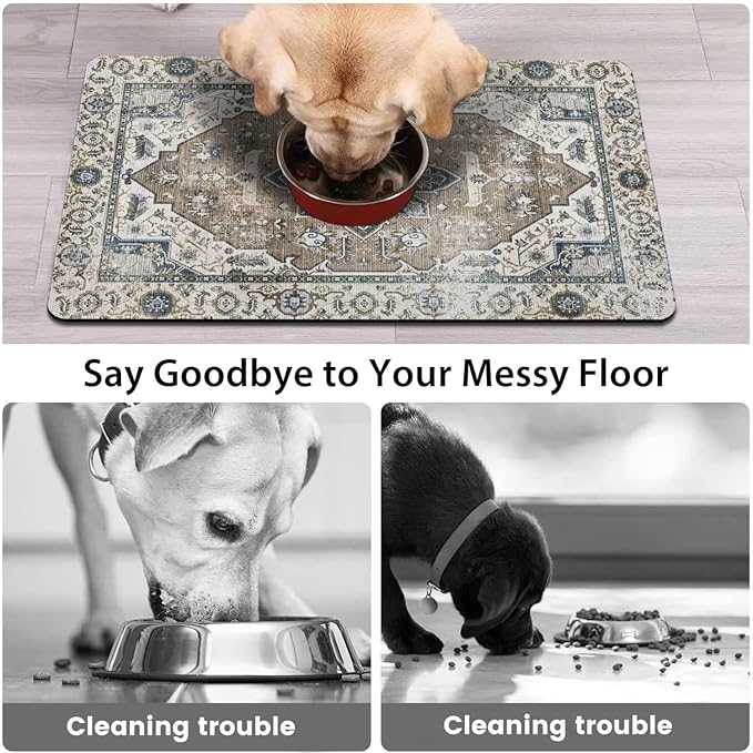 Dog Food Mats for Floors, Absorbent and Quick-Drying Pet Cat Food Mat,Anti-Fouling and Easy-to-Clean Pet Feeding Mat,Dog Bowl Mat for Messy Drinking Water Bowls.16 x24, Bohemia Style