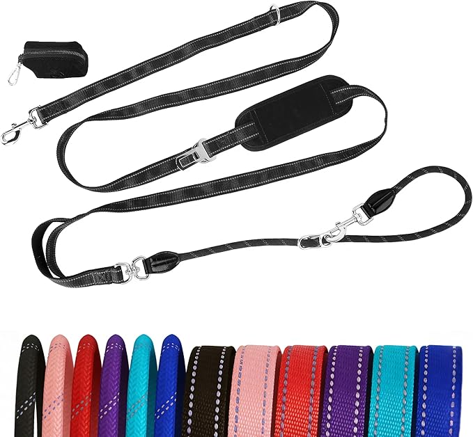 10FT Hands Free Dog Leash for Small Medium Large Dogs, Heavy Duty Reflective Dog Leash with Traffic Handle, Seat Belt Buckle & Poop Bag Holder (Black)