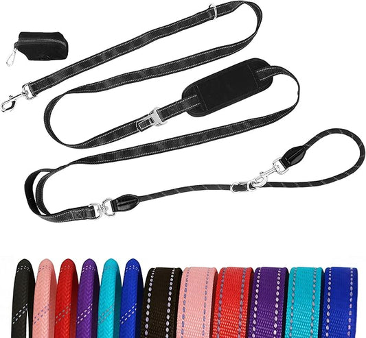 10FT Hands Free Dog Leash for Small Medium Large Dogs, Heavy Duty Reflective Dog Leash with Traffic Handle, Seat Belt Buckle & Poop Bag Holder (Black)