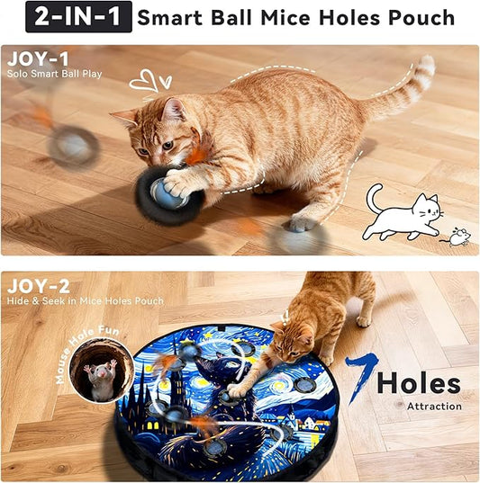 Interactive Cat Toy with Motion Activated Ball & 7-Hole Play Mat, Hide and Seek Exercise Game for Indoor Cats, Automatic Moving Cat Ball in Pouch, Rechargeable Kitten Toys