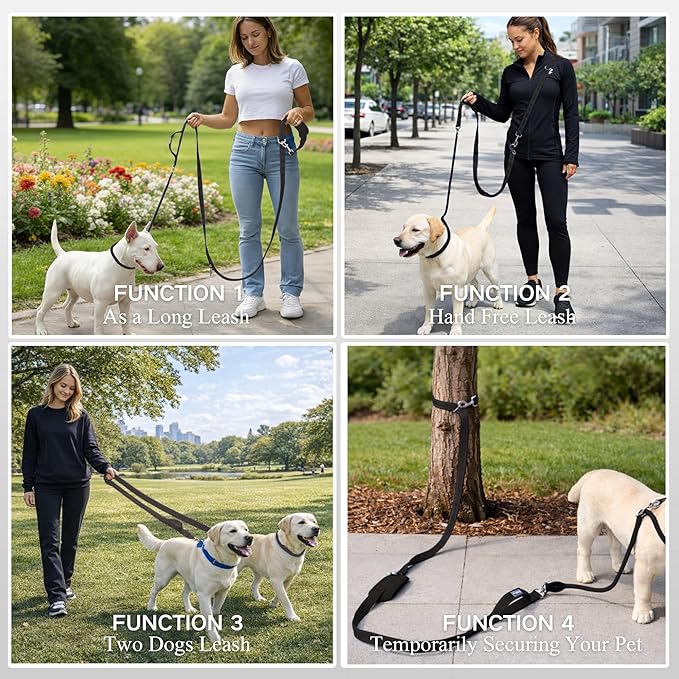10FT Hands Free Dog Leash for Small Medium Large Dogs, Heavy Duty Reflective Dog Leash with Traffic Handle, Seat Belt Buckle & Poop Bag Holder (Black)