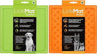 LickiMat 8"X8" Pack of 2 Slow Feeder for Dogs Boredom & Anxiety Reducer for Food Treats Yogurt Peanut Butter Fun Alternative to a Slow Feed Dog Bowl Classic Dog Buddy & Soother (Green & Orange)