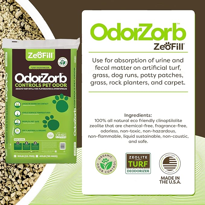 Zeofill Premium Outdoor Odor Infill - 40lbs. Bag – Pet Urine Odor Eliminator for Artificial Turf, Grass, Playgrounds, & Sport Fields – 97% Pure Clinoptilolite Zeolite – Odor Eliminator & Deodorizer