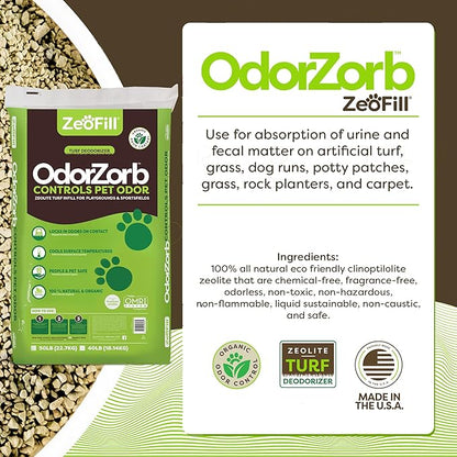 Zeofill Premium Outdoor Odor Infill - 40lbs. Bag – Pet Urine Odor Eliminator for Artificial Turf, Grass, Playgrounds, & Sport Fields – 97% Pure Clinoptilolite Zeolite – Odor Eliminator & Deodorizer