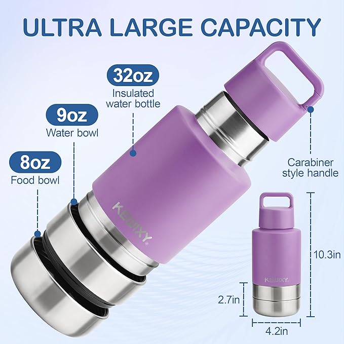 KEWIXY Insulated Dog Travel Water Bottle with Detachable Bowls, 3 in 1 Portable Dog Water Bottle Dispenser, Dog Accessories for Walking, Hiking, Camping, Outdoor (Lavender, 32 Oz)