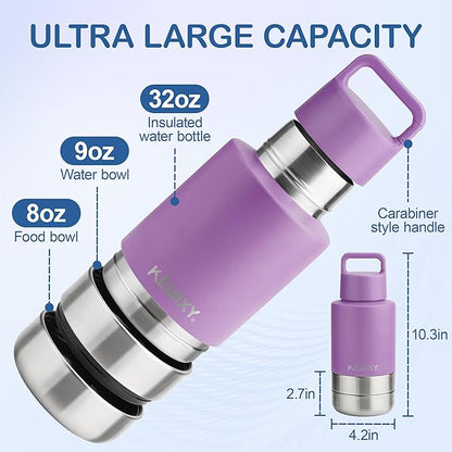 KEWIXY Insulated Dog Travel Water Bottle with Detachable Bowls, 3 in 1 Portable Dog Water Bottle Dispenser, Dog Accessories for Walking, Hiking, Camping, Outdoor (Lavender, 32 Oz)