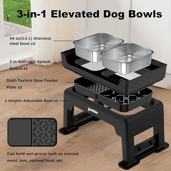 3-in-1 Raised Dog Bowl - 6 Height Adjustable Elevated Dog Bowls Stand, Double Deck Design Mess Proof, Feeding Station with 2 Stainless Steel Bowls & Licking Plate for Small Medium Large Pets