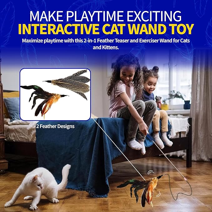 Pet Fit For Life Cat Feather Wand Toys – Interactive Cat Wand Toy for Indoor Pets | 2 Feather Attachments | Promotes Animal Health & Fitness, Made w/ Soft & Durable Materials | Gift (Brown)