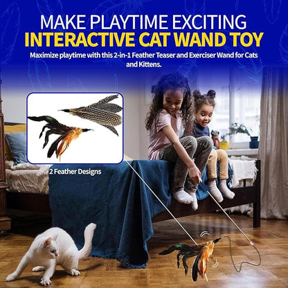 Pet Fit For Life Cat Feather Wand Toys – Interactive Cat Wand Toy for Indoor Pets | 2 Feather Attachments | Promotes Animal Health & Fitness, Made w/ Soft & Durable Materials | Gift (Brown)