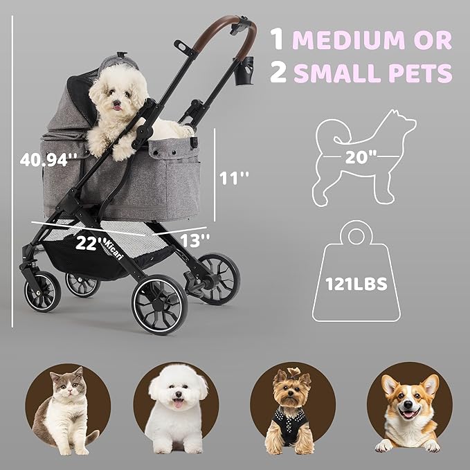 All-Terrain Dog Stroller for Small to Medium Dogs, Pet Stroller for Dogs & Cats Outdoor Walks, One-Hand Easy Fold, Double-Layer Anti-UV & Waterproof Canopy & Breathable Mesh, Charcoal Gray