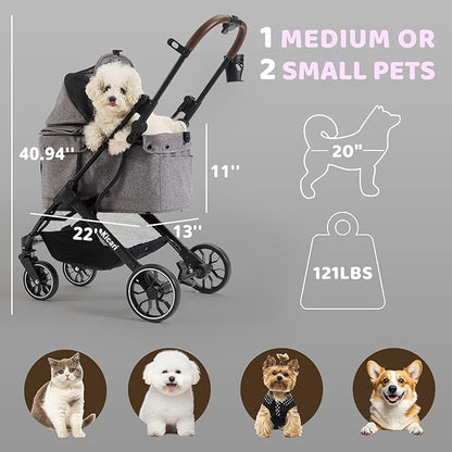 All-Terrain Dog Stroller for Small to Medium Dogs, Pet Stroller for Dogs & Cats Outdoor Walks, One-Hand Easy Fold, Double-Layer Anti-UV & Waterproof Canopy & Breathable Mesh, Charcoal Gray