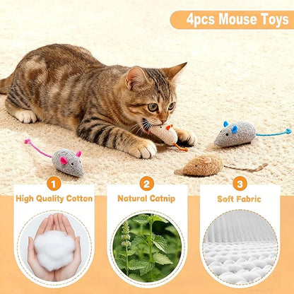 11-Piece Interactive Cat Toys for Indoor Cats, 2 Bendable Rope Toys, 4 Mice, 2 Springs, 2 Bell Balls & Feather Teaser - Kitten Chew Toys and Cat Supplies