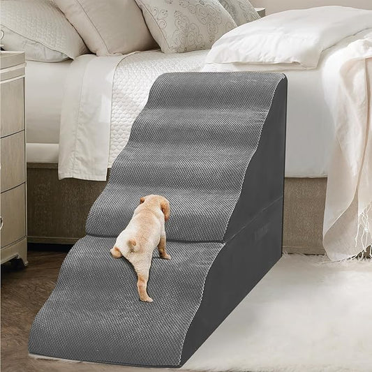 Dog Stairs for High Beds 30-36 inches Tall, 6-Step Dog Steps for Bed 32-36 inches for Small Large Dogs, Doggie Ramp for Bed, 30D Foam Pet Stairs for Old Dogs/Cats, Free-Installation, Grey