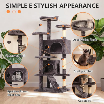 BestPet | 54" Cat Tree Tower | Purple Gray | Sturdy, Easy to Assemble, Multi-Level Activity Center with Sisal Scratching Posts, Condos, Perches, Hanging Cat Toys, Observation Decks & Ladder