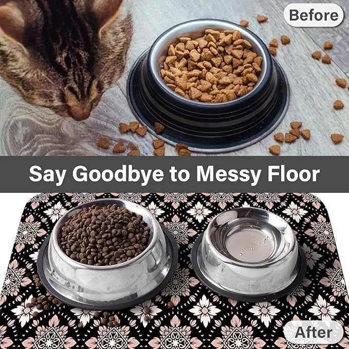 Patterned Cat & Dog Bowl Mat for Food and Water, 12"×20" Quick Dry Absorbent Pet Feeding Mat, Eco-Friendly Dog Placemat