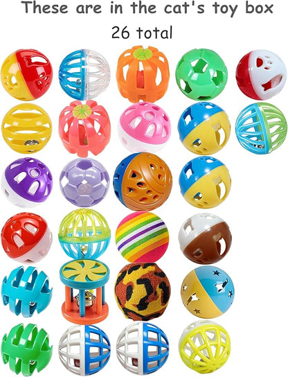 26 Pcs Cat Balls Set for Indoor Bored Kitten, 16 Shapes PP Cat Toys with Bells for Play & Exercise (1.5'' - 3.7'')