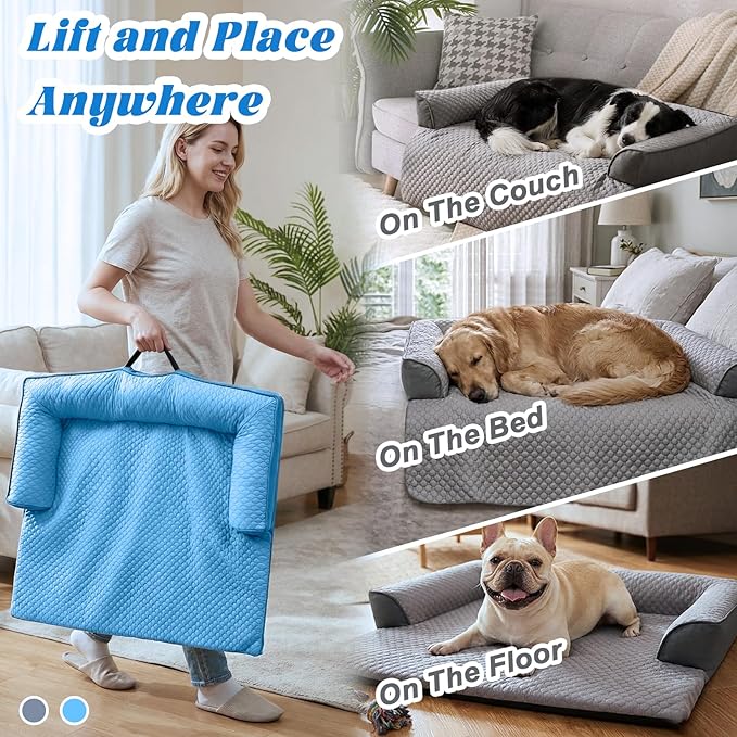 GGIB Cooling Dog Bed Mat with Bolster Pillow Washable Dog Couch Cover Breathable Summer Pet Couch Bed Protector Indoor(Large, Cooling Blue)
