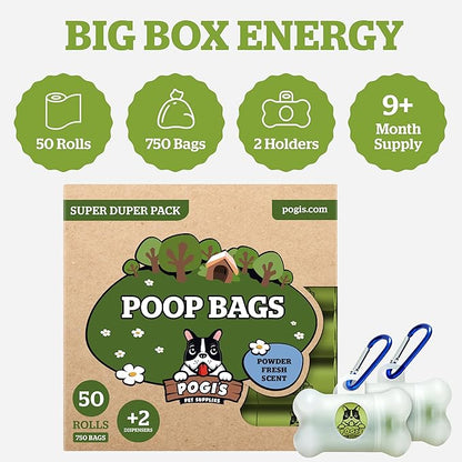 Pogi’s Dog Poop Bags – Leak-Proof & Extra Thick Pet Waste Bags with 2 Holders (Fresh Scent, 50 Rolls, 750-Count)