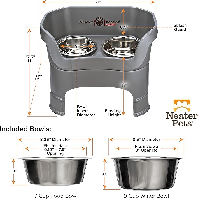 Neater Feeder Deluxe Mess-Proof Elevated Dog Bowls for Large Dogs (40+ lbs), 2 Height Adjustable (14.5” & 17.5”) No-Spill Raised Dog Bowl Stand, Stainless Steel Food Bowl Set, Made in USA, Grey