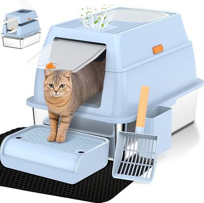Vivifying Stainless Steel Litter Box with Lid, XL Front Entry Enclosed Extra Large Litter Box for Big Cats & Kitty, Top Exit Metal Cat Pan with Scoop, Mat, Step, Charcoal Filter (Blue)