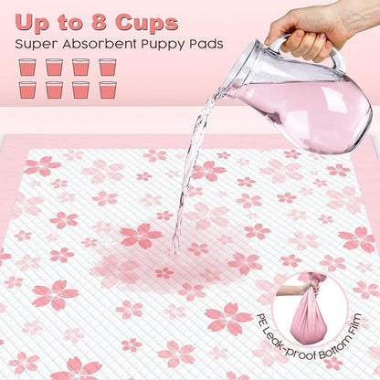MIZOK Dog Pee Pads Extra Large 28"x34", Potty Pads for Big Dog Breeds, Super Absorbent & Leak-Proof, Pink Cherry Blossom Prints, Thick & Heavy, 4 Adhesive Tabs, XL (40 Counts)