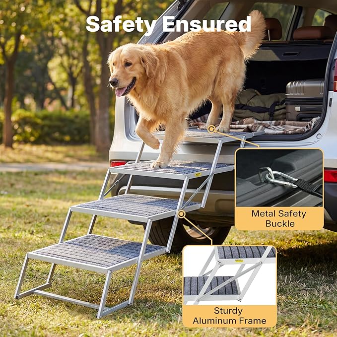 Veehoo Extra Wide Dog Steps for Car Truck SUV Foldable, 4 Steps Lightweight Aluminum Dog Stairs for Injured Senior Large Dogs 20" Wide, Folding Pet Ramp Ladder with Non Slip Surface, up to 170lbs