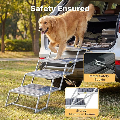 Veehoo Extra Wide Dog Steps for Car Truck SUV Foldable, 4 Steps Lightweight Aluminum Dog Stairs for Injured Senior Large Dogs 20" Wide, Folding Pet Ramp Ladder with Non Slip Surface, up to 170lbs